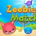 Kolorowe rysunkowe zwierzątka w krajobrazie przyrody z napisem Zoobies Match