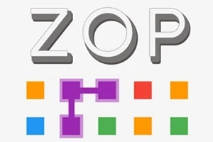 Napis ZOP z cieniowaniem, pod którym znajdują się kolorowe kwadraty połączone fioletowymi liniami