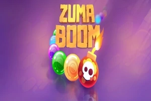 Fioletowe tło z napisem ZUMA BOOM oraz kolorowymi kulkami, w tym kulką z czaszką i płomieniem