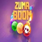 Fioletowe tło z napisem ZUMA BOOM oraz kolorowymi kulkami, w tym kulką z czaszką i płomieniem